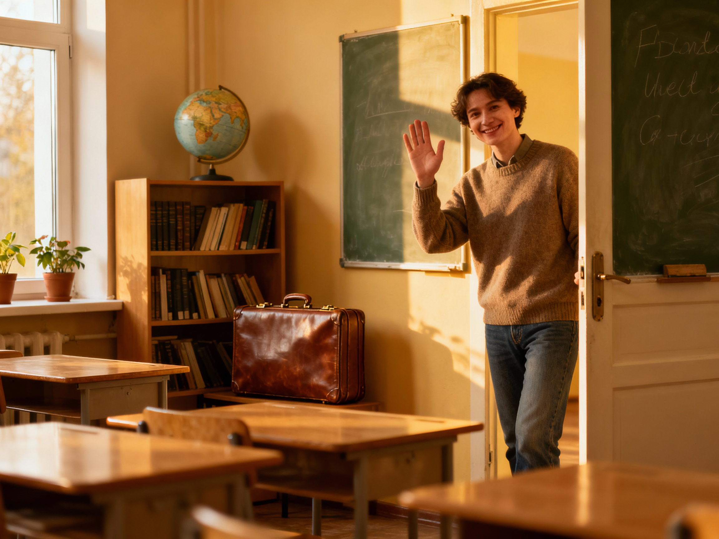 Young teacher in a classroom doorway